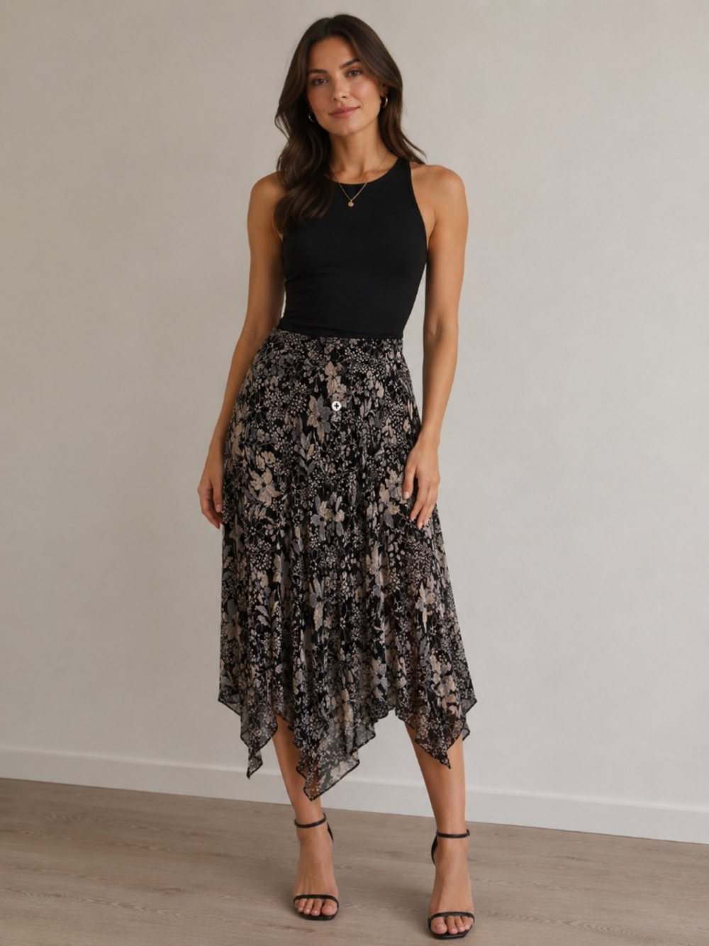 Charter Club Asymmetrical Silk Midi Skirt in Black, Cream & Blue Floral Design.